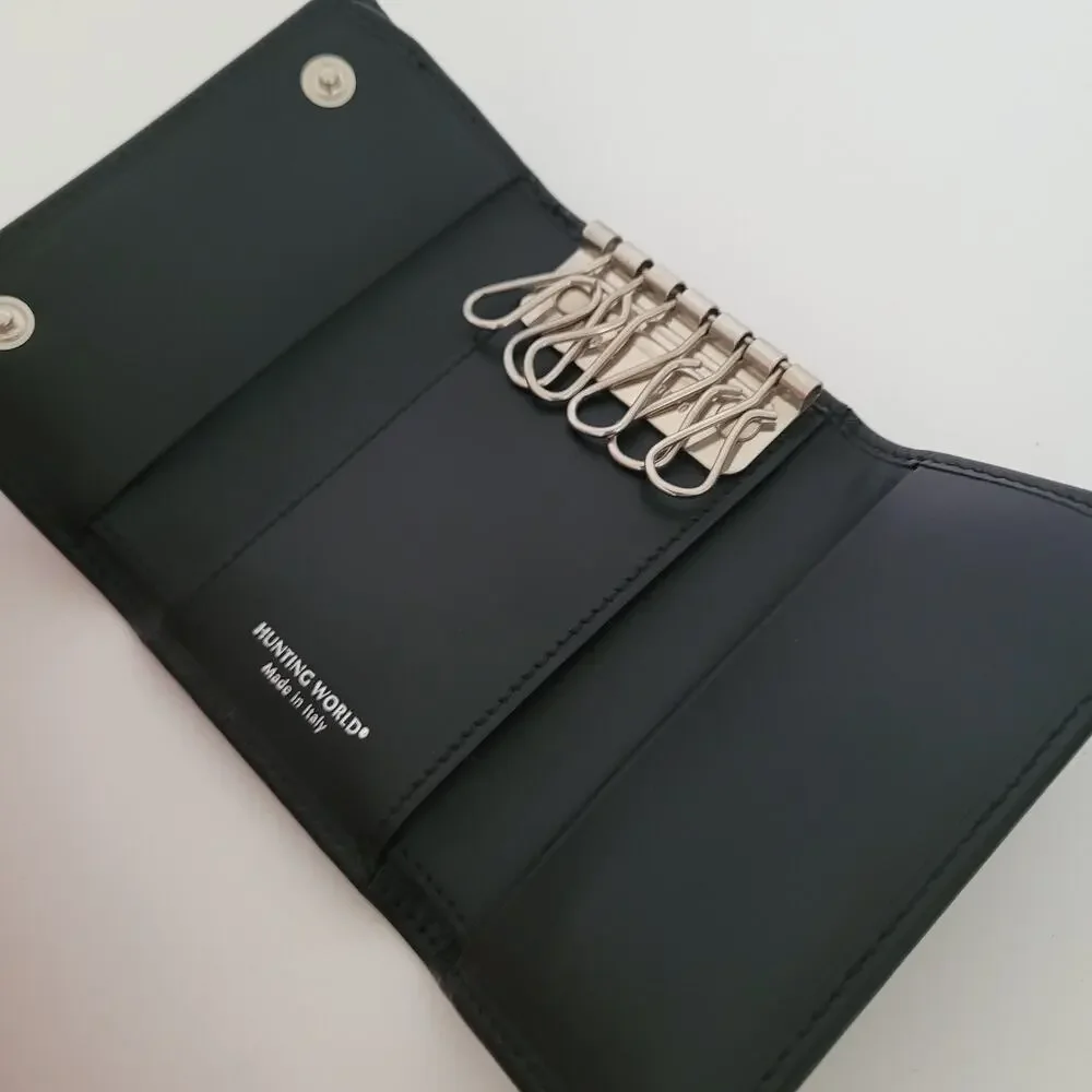 Hunting World Key Card Case Hooks Holder Wallet Logo Black Trifold Desig Italian